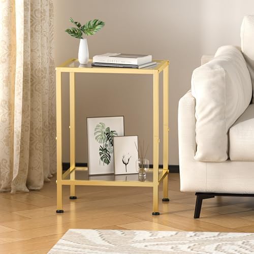 Glass Side Table, Tempered Glass End Table, 2-Tier Nightstands with Open Shelves, Small Coffee Table with Modern Style, Accent Table Small Table Sofa Table for Living Room, Bedroom,Gold - Image 4