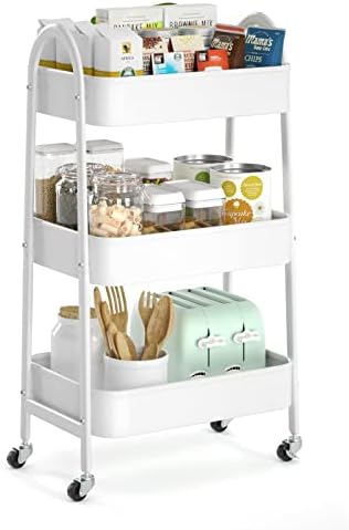 EAGMAK 3 Tier Utility Rolling Cart, Metal Storage Cart with Handle and Lockable Wheels, Multifunctional Storage Organizer Trolley with Mesh Baskets for Kitchen, Living Room, Office, Garage (White) by EAGMAK