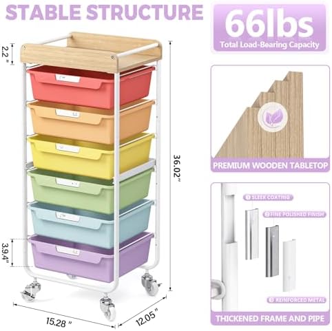SYKIARIOL Utility Storage Cart with Jelly Bean Color Drawer for Classroom - Image 3