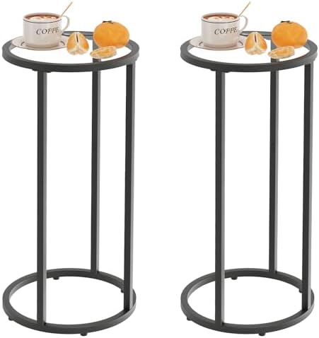 Easy Paws Round Side Table,Glass C Shaped Table,Couch End Table, Tempered Glass Snack Table with Metal Frame, Sofa Couch Bedside Table,TV Tray Table for Small Space(Black,2pcs) by Easy+Paws