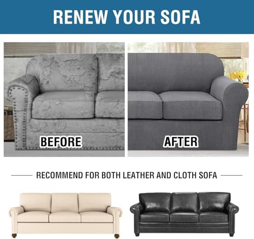 H.VERSAILTEX 4 Piece Stretch Sofa Covers for 3 Cushion Couch Covers for Living Room Furniture Slipcovers (Base Cover Plus 3 Seat Cushion Covers) Thicker Jacquard Fabric (Large Sofa, Grey) - Image 7