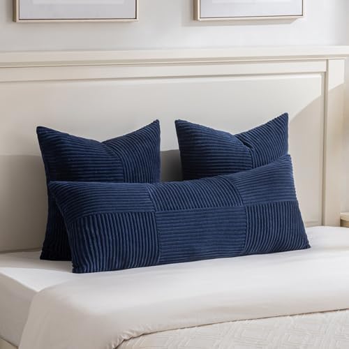 Fancy Homi 2 Packs Navy Blue Euro Decorative Throw Pillow Covers 28x28 Inch for Living Room Couch Bed, Farmhouse Boho Home Decor, Soft Corss Corduroy Patchwork Textured Square Cushion Case 71x71 cm - Image 5
