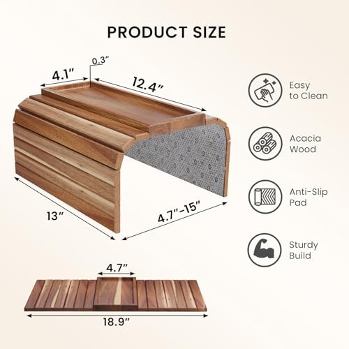 2 Pack Acacia Wood Folding Sofa Arm Tray with Anti-Slip Pad - Image 6