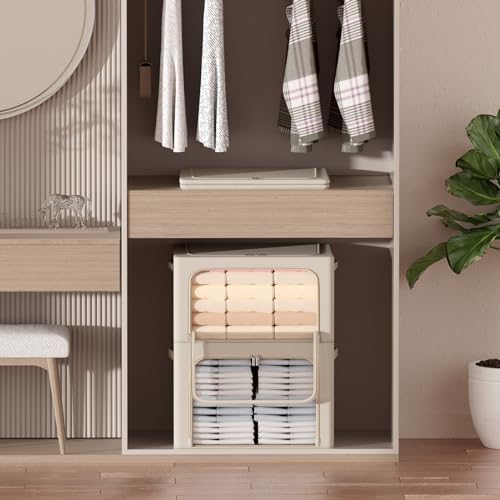3Pack Frame Storage Box - Clothes Storage Bin Bags Oxford Fabric Foldable Stackable Container Organizer Set with Clear Window & Carry Handles Large Capacity (Beige, Small-22L) - Image 3