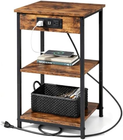 WLIVE End Table with Charging Station, Small Night Stand Rustic Brown by WLIVE