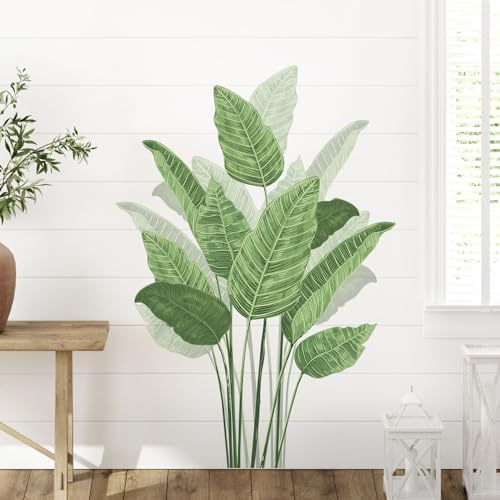 Tropical Plant Leaves Wall Decals, Boho Spring Summer Green Palm Leaf Bird of Paradise Wall Stickers Poster Art Murals Decor for Adult Nursery Classroom Living Room Office Bedroom Gifts for Mom by Supzone