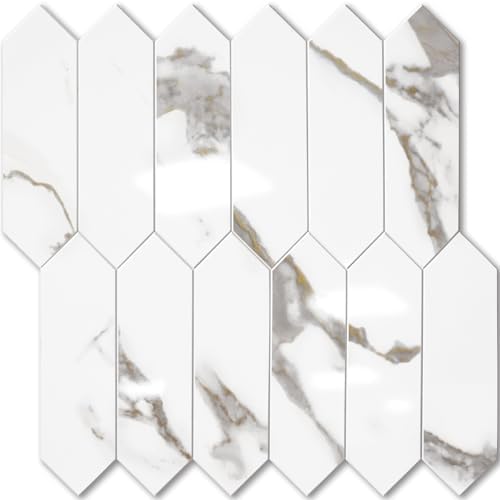 Vamos Tile Glossy White Marble with Gold Veining Backsplash Tile Peel and Stick, 12.8 x 12.8 Inch 10 Sheets Long Hexagon PVC Self Adhesive Mosaic Tiles Stick on Backsplash for Kitchen and Bathroom by VamosTile
