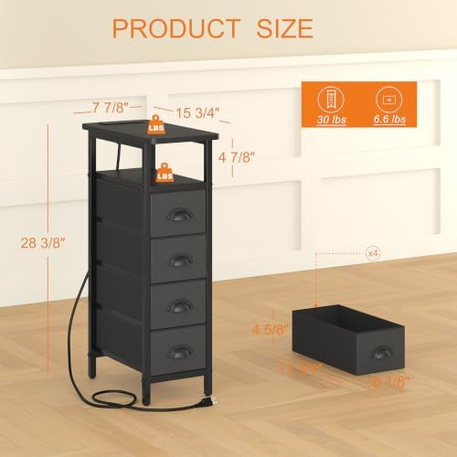 sthmec Side Table with Charging Station, Narrow End Table with 4 Drawers, LED Nightstands with Fabric Drawers,Slim Sofa Couch Side Tables for Small Spaces,Living Room,Bedroom, Black - Image 3