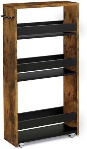 TEAMIX Slim Rolling Storage Cart, Wood 4-Tier Narrow Kitchen/Laundry Cart by TEAMIX