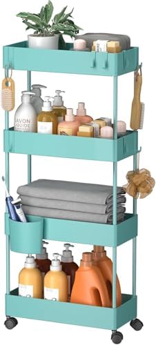 Pipishell 4 Tier Slim Storage Cart with Wheels, Laundry Cart, Turquoise by Pipishell