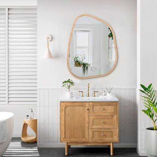 Irregular Bathroom Mirror Modern Wall Mirror Asymmetrical Wooden Framed Wall Mirror Unique Shape Wall Mounted Vanity Artistic Mirror Decor for Living Room Bedroom Entryway Large 26"x18" - Image 6
