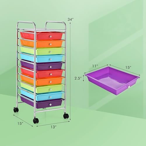 10-Drawer Rolling Storage Cart, Trolley w/Lockable 360° Wheels, 10 Removable PP Drawers, Sturdy Metal Frame, Rolling Utility Cart Perfect for Home, Office, Classroom (Multi-Colored) - Image 3
