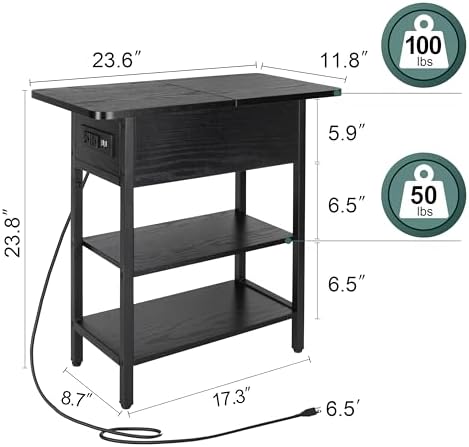 Yoobure End Table with Charging Station, Flip Top Side Table with USB Ports and Outlets, Sofa Couch Table Bedside Table for Living Room Bedroom, Narrow Nightstand with Storage Shelves for Small Space - Image 3
