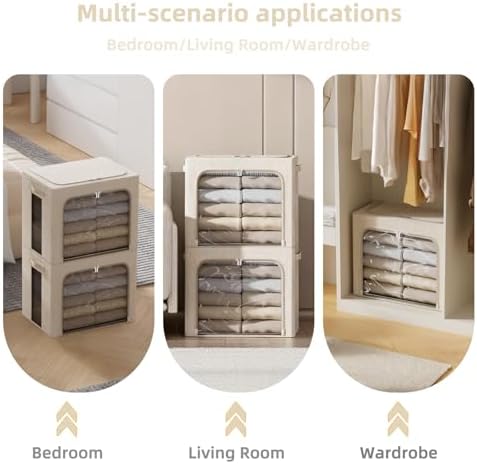 FHSQX 2 Pack Clear Window Storage Bins - Large Stackable Linen Fabric Storage for Clothes Foldable Container Organizer Set with Carrying Handles (Beige, 16.5x 12.2x 12.2Inch) - Image 6