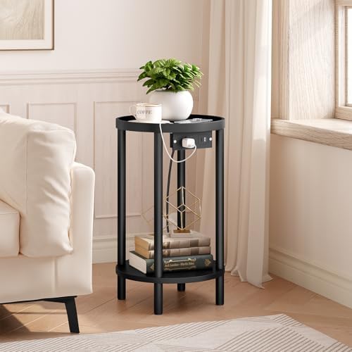 HOOBRO Small Round Side Table with Charging Station, 2-Tier Round Bamboo End Table, Compact Sofa Bedside Table for Small Space, Easy Assembly, for Living Room, Bedroom, Apartment, Black BB156UBZ01 - Image 2