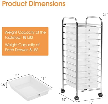 MEDIMALL 10 Drawers Rolling Storage Cart, Multipurpose Craft Storage Cart with Wheels, Mobile Tools Scrapbook Paper Organizer Cart for Office School Home Use (Clear) - Image 3