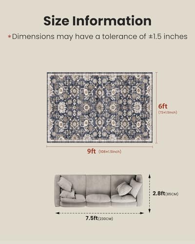 AMADA HOMEFURNISHING 6x9 Area Rugs, Blue Low-Profile Washable Rug with Non-Slip Backing & Durable Edge Binding, Vintage Rugs for Living Room, Bedroom, Dining Room - Image 2