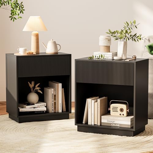 Fluted Nightstands Set of 2, Modern Bedside Table with Storage Drawer and Open Wood Shelf, Wood End Table Mid Century Night Stands for Bedroom Living Room Sofa Couch Office (Black) by INNODToddlerTower