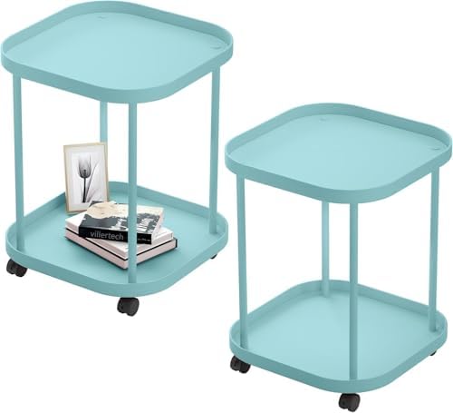 Side Table with Wheels, 2-Tier End Table Small Night Stand by villertech