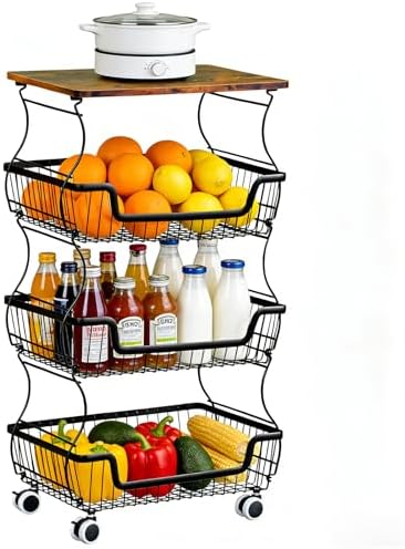Kitchen Storage Cart on Wheels, 4 Tier Rolling Stackable Pantry Floor Organizer, Kitchen Fruit Basket Stand for Home Removable Metal Vegetable Rack Wire Snack Cart by FoldingFurniture