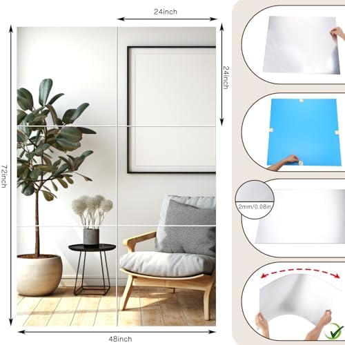 Queekay 6 Pcs Home Gym Mirrors 24'' x 24'' Acrylic Wall Mirror Tiles Sheets 2mm Thick Self Adhesive Frameless Wall Mounted Decor for Workout Bedroom Ceiling - Image 5