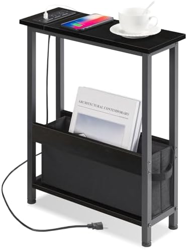 BAMGROW Slim Charging End Table with Storage - for Small Spaces and Bedroom (Black) by BAMGROW