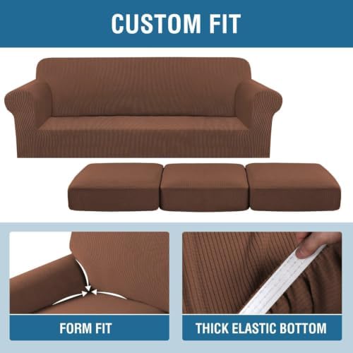 H.VERSAILTEX 4 Piece Stretch Sofa Covers for 3 Cushion Couch Covers for Living Room Furniture Slipcovers (Base Cover Plus 3 Seat Cushion Covers) Thicker Jacquard Fabric (Large Sofa, Caramel) - Image 4