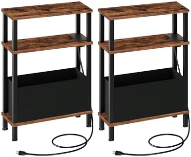 CHOEZON Set of 2 End Tables with Charging Station, Narrow Side Table for Small Spaces, Slim Nightstand with Basket, Skinny Bedside Table, for Living Room, Bedroom, Rustic Brown and Black TBZ07UP2BF by Choezon