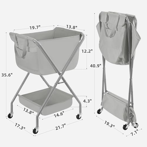 STORAGE MANIAC Collapsible Laundry Cart with Wheels 35.6"H Removable Canvas Bag Rolling Laundry Hamper Clothes Basket with Wheels, Sturdy Steel Frame Folding for Small Narrow Space Easy Storage, Grey - Image 2