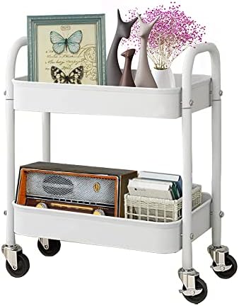 2 Tier All-Metal Rolling Cart, Rolling Storage Cart with Handle and Locking Wheels Kitchen Cart Laundry Office Bathroom Storage Organizer Cart, White by MelodyHouse