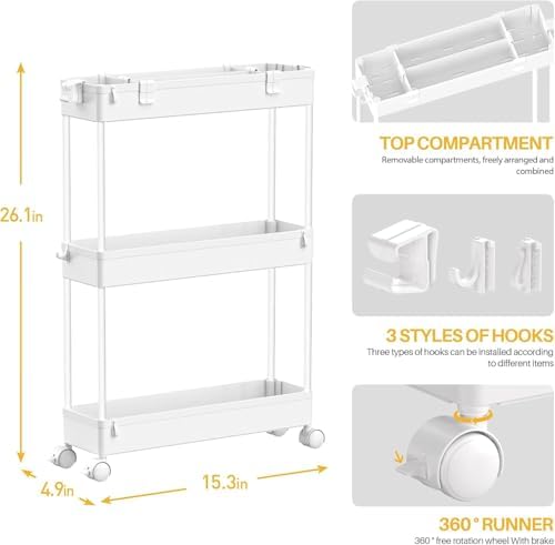 SPACELEAD 2-piece Set Slim Storage Cart 3 Tier,Bathroom Organizer Rolling Utility,Mobile Shelving Unit Slide Out for Office, Kitchen, Laundry Room & Narrow Places - Image 2
