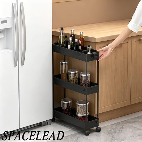 SPACELEAD Slim Storage Cart 3 Tier,Bathroom Organizer Rolling Utility,Mobile Shelving Unit Slide Out for Office, Kitchen, Laundry Room & Narrow Places,Black - Image 6