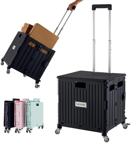 MACOPRO Folding Utility Cart Portable Rolling Crate Handcart Shopping Trolley Collapsible Tool Box, with Lid, Basket on 4 Rotate Wheels, for Grocery, Office, Luggage, Teacher (Black) by MACOPRO