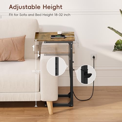 Vagusicc C Shaped End Table with Charging Station, 33"Tall Side Table for Couch, C-Table End Table Adjustable Height Side Table,Slide Under Couch Table TV Tray Table for Sofa,Living Room,Bedroom,Brown - Image 4