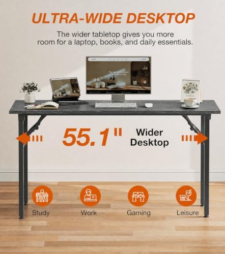 XBurmo Folding Desk Foldable Table, No Assembly 55.1" Foldable Desk Space-Saving Workstation for Small Space, Computer Table, Flat Storage for Home Office, Bedroom, Dorm, Study Room, Marble Greige - Image 6