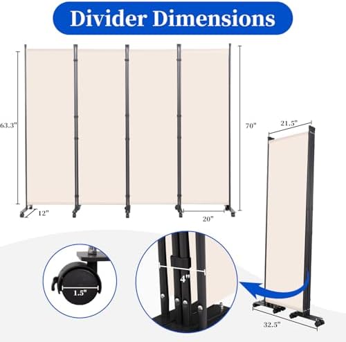 Room Divider 6FT 4 Panel Folding Wall Divider with Lockable Wheels,Beige - Image 6