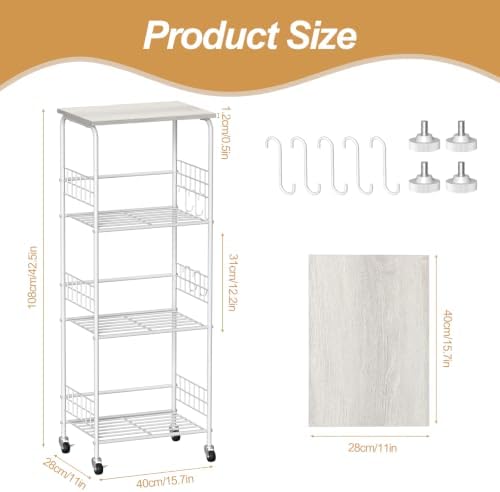 4-Tier Rolling Cart with Tabletop, Rolling Carts with Wheels and S Hooks - Image 3