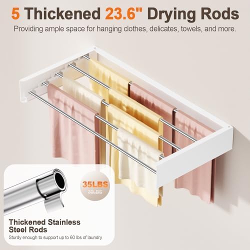 Wall Mounted Clothes Drying Rack Folding Indoor, Foldable Laundry Drying Rack Collapsible, Space Saving, Retractable Towel Drying Rack, with Wall Template(5 Drying Rods, White 23.6") - Image 4
