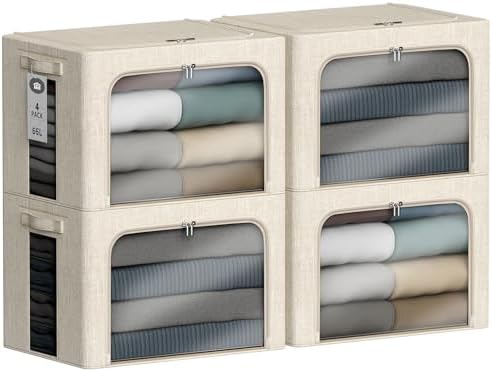 4 Pack Clothes Storage Bins with Metal Frame - 66L Stackable Storage Box with Lid，Foldable Storage Container Organizer for Clothes，Linen Fabric Storage Box with Clear Window＆Zippers＆Handles by Chizjox