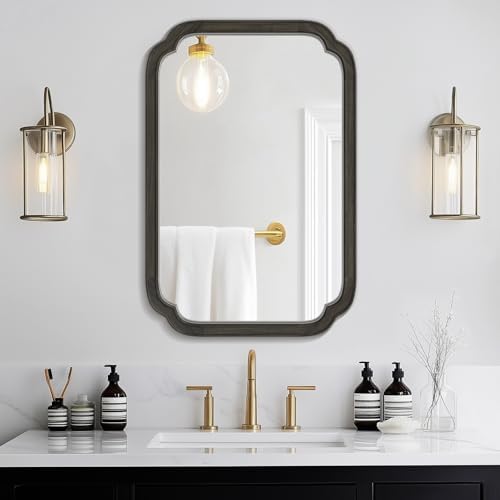WallBeyond 20" x 30" Rounded Corner Arch Wall Mirror with Wood Frame for Entryway, Living Room or Bedroom Home Decor - Light Woodgrain [20" x 30" Black] by WallBeyond