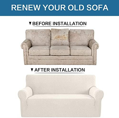 H.VERSAILTEX Stretch Couch Cover 2 Cushion Sofa Loveseat Slipcover|Sofa Cover for Love seat 1 Piece with Elastic Bottom, Textured Checked Jacquard Fabric(Loveseat 58"-70" Wide, Ivory) - Image 6