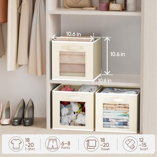 Homsorout Foldable Storage Cubes - Cubby Storage Organizer with Window, Decorative Baskets for Organizing, Fabric Bins for Clothes Storage, Closet Storage Cubes-11inch, Set of 8, Beige - Image 4