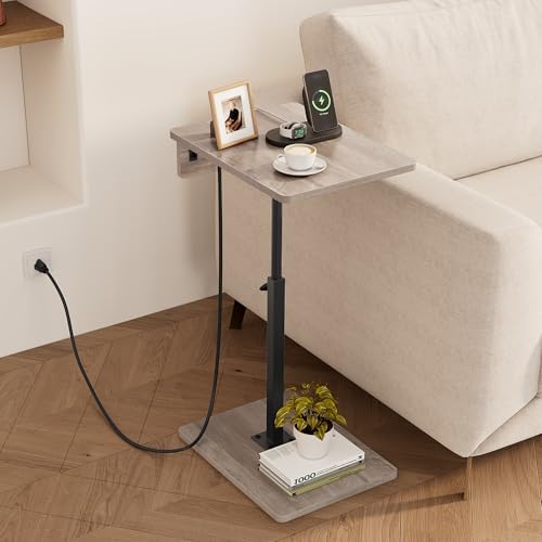 C Shaped End Table with Charging Station, Adjustable Height C Table End Table, 360°Swivel TV Tray Table for Small Spaces, Rounded Corners Couch Table, Side Tables Living Room for Sofa,Chair,Snack,Bed - Image 2