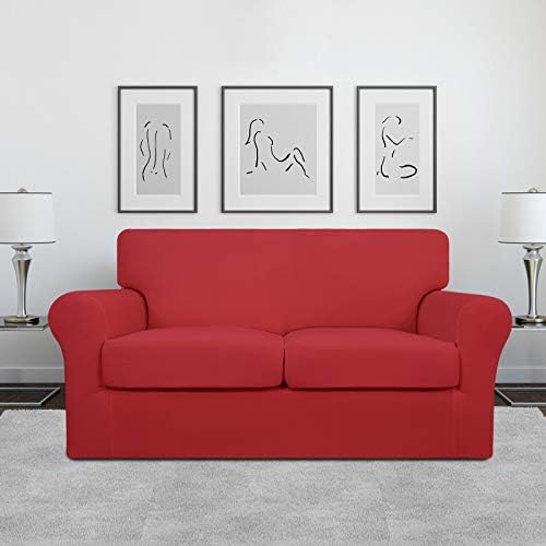 Easy-Going 3 Pieces Stretch Soft Couch Cover for Dogs - Washable Sofa Slipcover for 2 Separate Cushion Couch - Elastic Furniture Protector for Pets, Kids (Loveseat, Christmas Red, Medium) - Image 2