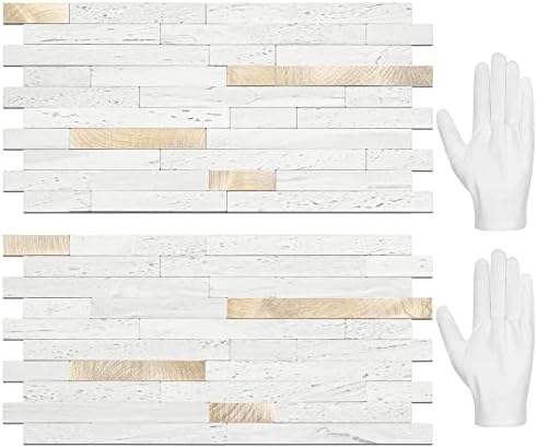 STICKGOO 20 Sheets Peel and Stick Backsplash Tile, Stick on Backsplash for Kitchen and Bathroom, White Sandstone Look PVC Mixed Metal Gold Self Adhesive Wall Tiles by STICKGOO