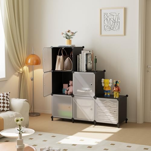 6Cube Storage Organizer Modular Stackable with Doors Black - Image 2
