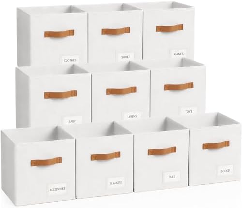 Storage Cubes 10 Pack, 11 Inch Fabric Storage Cubes Organizer Bins with Labels, Odor-Free & Sturdy PP Structure, Cubby Baskets for Closet, Shelves, Toys & Nursery (White) by Unknown