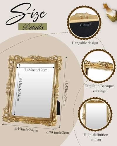 Wonderjune 3 Pcs Vintage Gold Mirror Set Wall Decorative, 8-15in Vintage Wall Mirror Hanging Antique Hanging with Stand for Living Room Home Wedding Decor(Retro Mixed Style, 12in/10in/8in) - Image 3