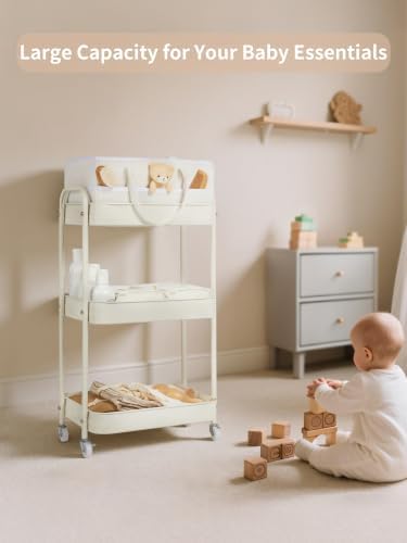 Fortella Baby Diaper Caddy, 3 Tier Rolling Cart for Baby Essentials, Beige - Image 2