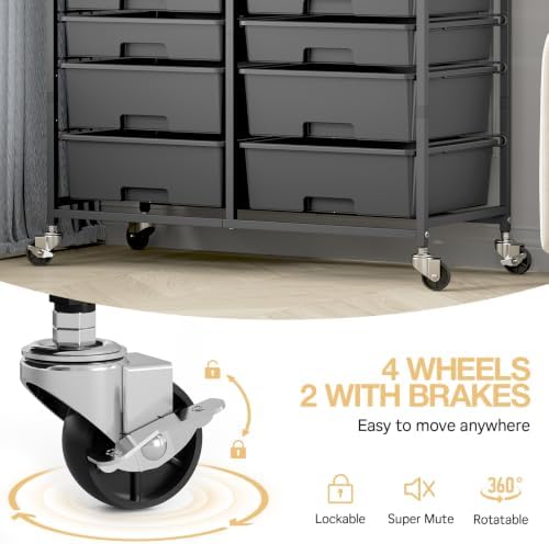 TOOLF 12 Drawers Rolling Storage Cart with Wooden Top for Classroom, Black - Image 5